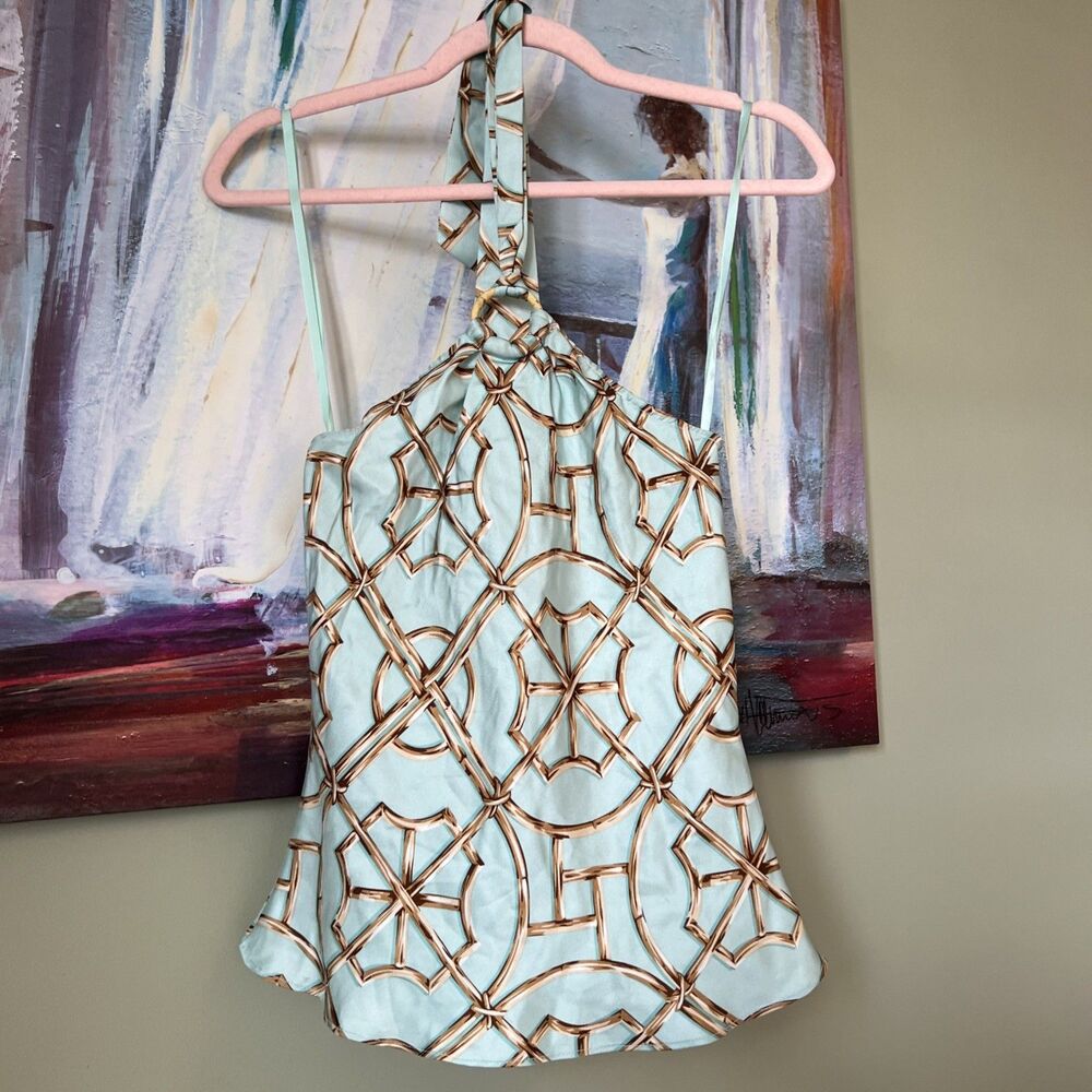 J. McLaughlin Women’s Halter Top Size 2 Brown Blue 100% Silk EUC